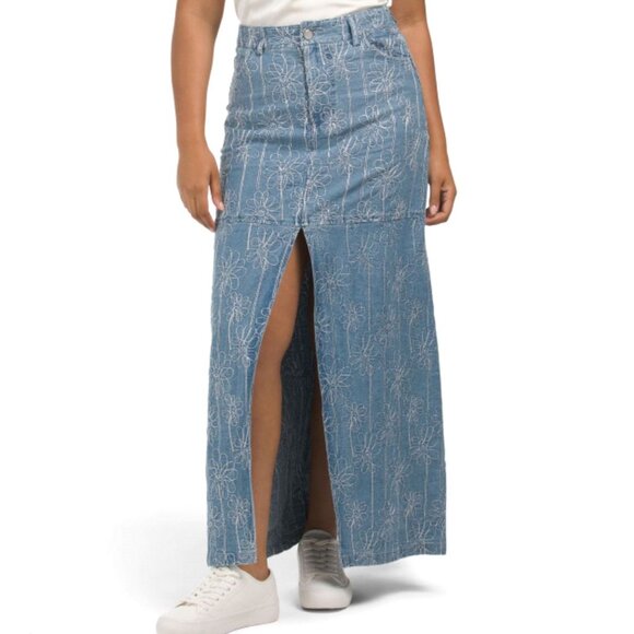 NWT House of Harlow 1960 | Floral Embroidered Denim Maxi Skirt Blue | Size 6 - Picture 1 of 13